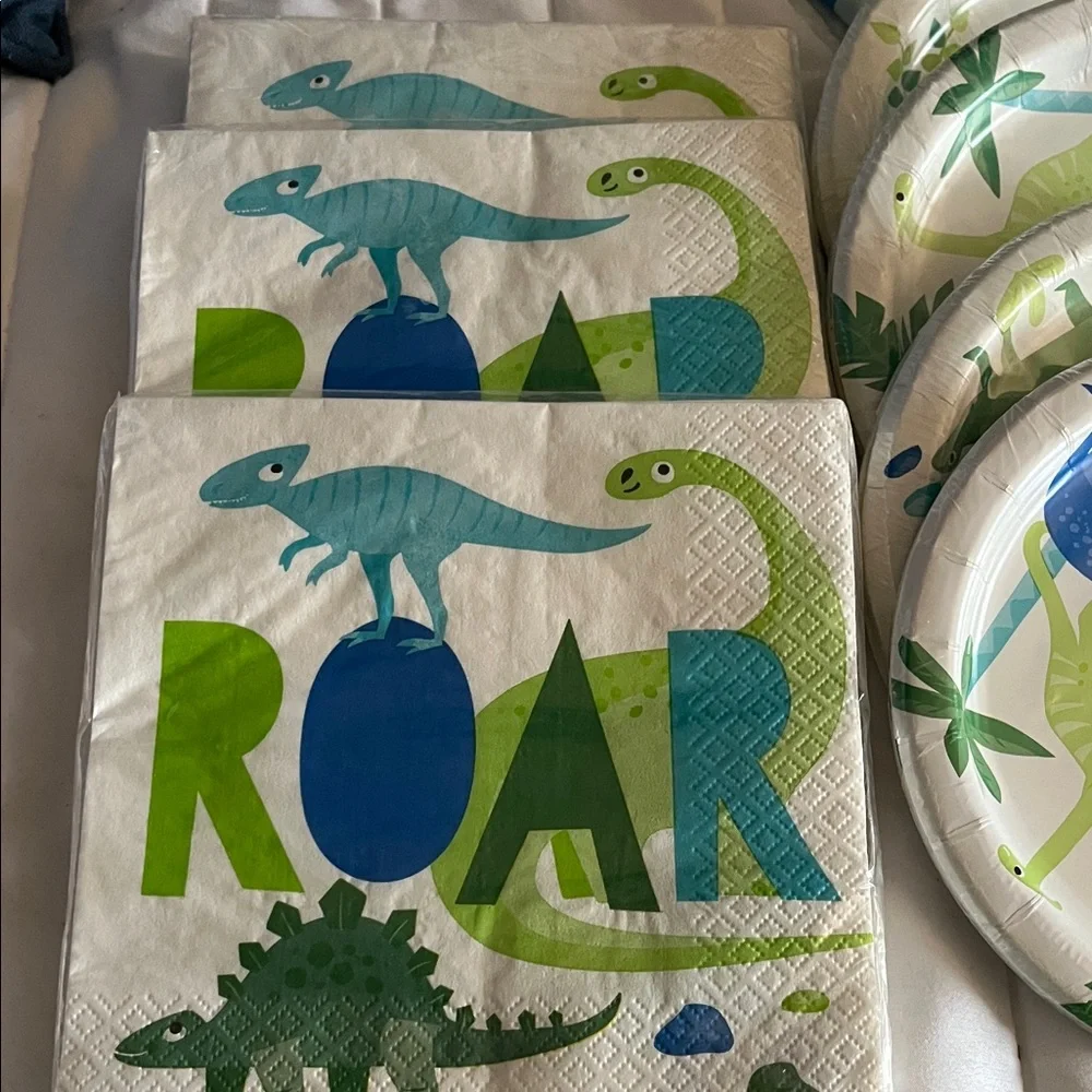 3-2-1 Party! Dinosaur Paper Plates & Napkins - Blue & Green